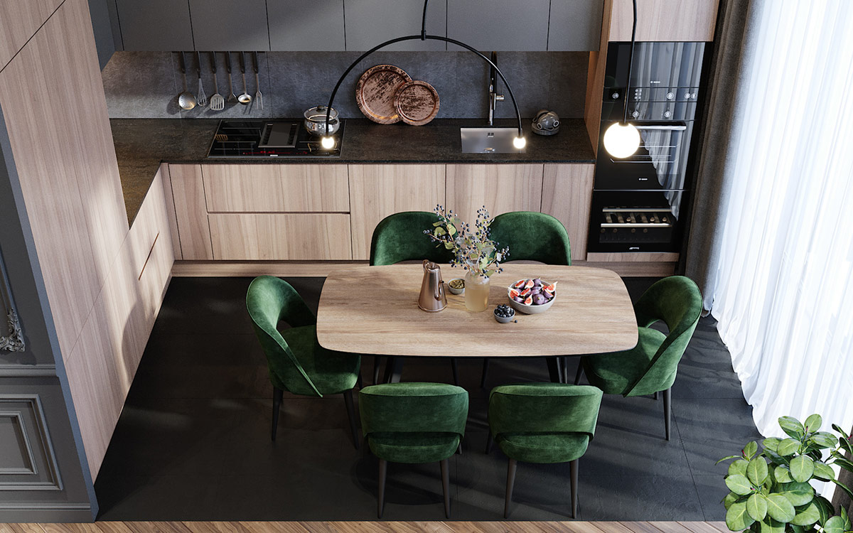 8green-dining-table-set在餐桌组完成了木纹桌面，这呼应了现代厨房安装的是拥抱它两侧的光洁度.jpg