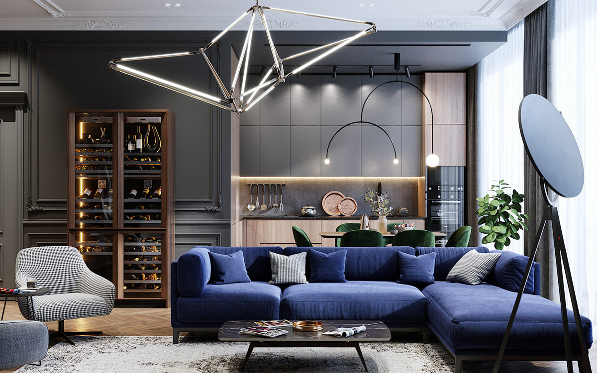 1blue-sofa-1生动的钴蓝色以现代沙发的形状贯穿开放式空间的中心。强烈的色调使沉闷的木炭背景和周围柔软的木纹变得不安.jpg