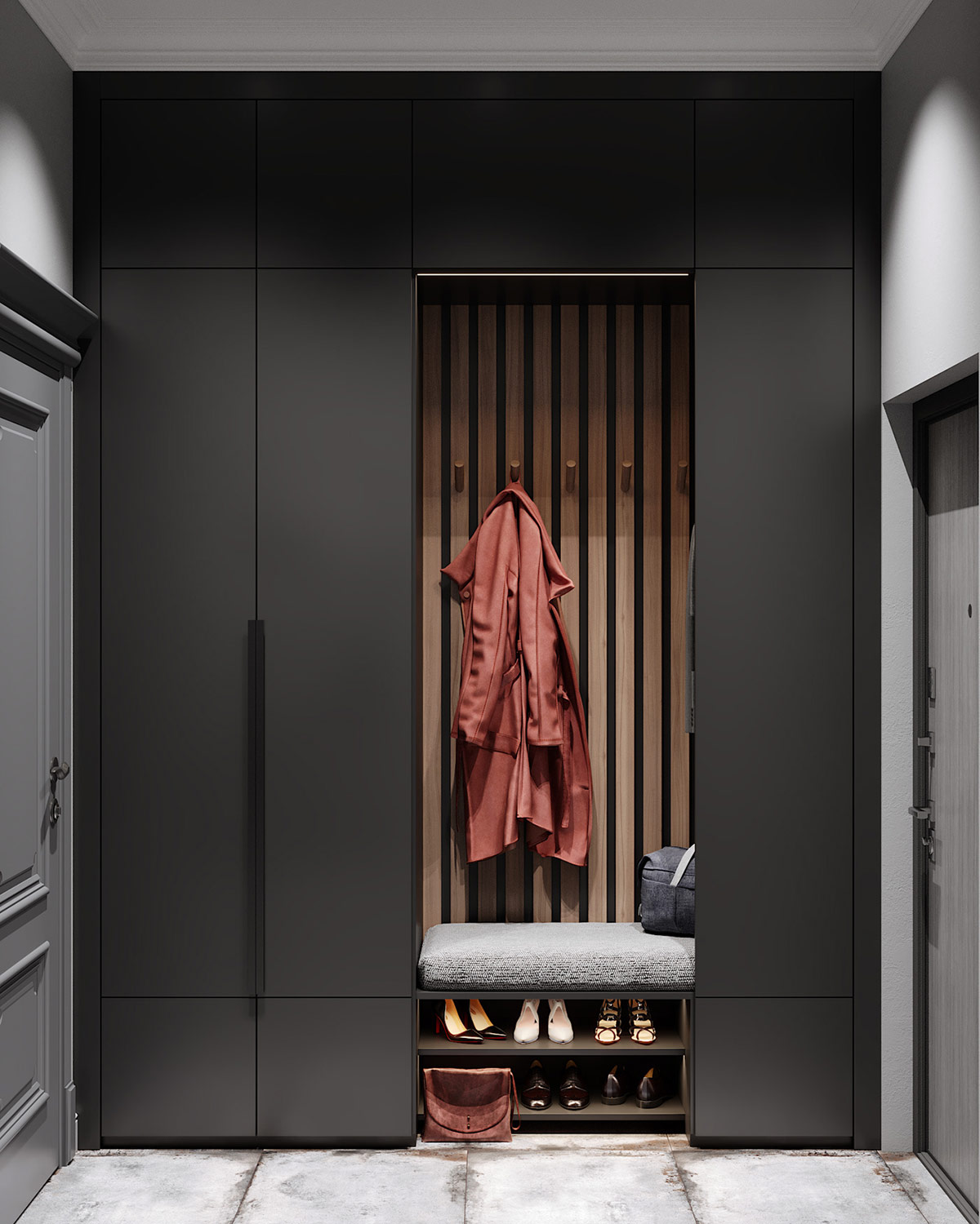 34shoe-storage利基市场内的木板装饰特色与黑色壁橱门形成强烈对比。鞋架可以巧妙地利用板凳下方的空间.jpg
