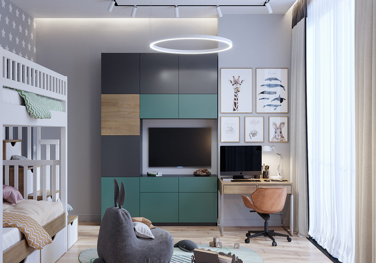 28green-and-grey-kids-room-decor电视周围的橱柜已完成了绿色，灰色和木色调的装饰，以与房屋的家庭空间中的装饰形成联系.jpg